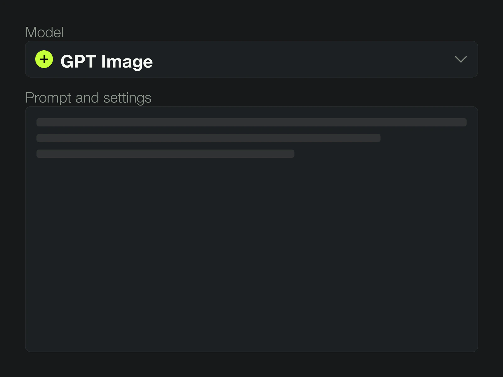 VidMage tool surface for GPT Image: Model selector showing GPT Image above the Prompt and settings panel with three skeleton lines