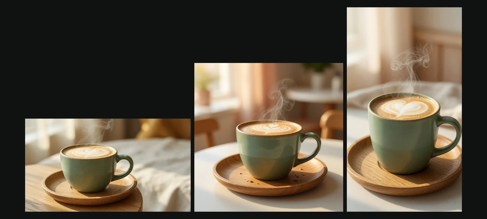 Same Grok Imagine coffee cup prompt rendered in 16:9, 1:1 and 9:16 aspect ratios
