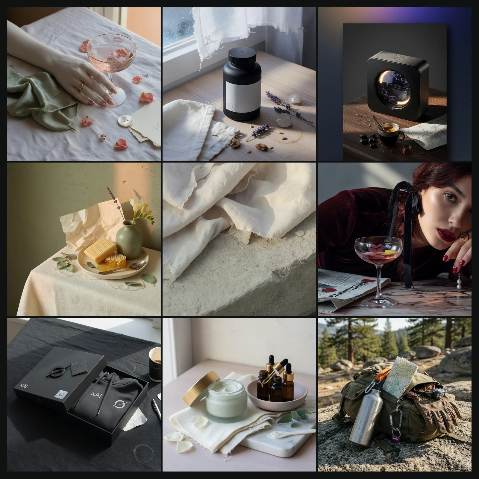 Nine mood references for Grok Imagine prompts: hands and gloss, packaging, dark monolith, still-life, soft fabric, editorial portrait, premium box, beauty product flat-lay, outdoor adventure