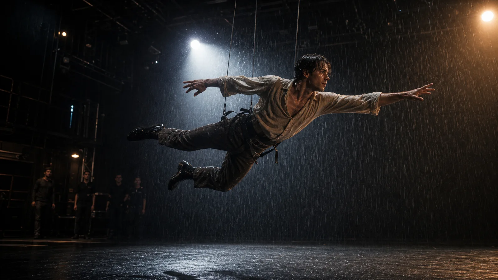 Stunt performer bursting through powder on a bright stage for a VFX beat