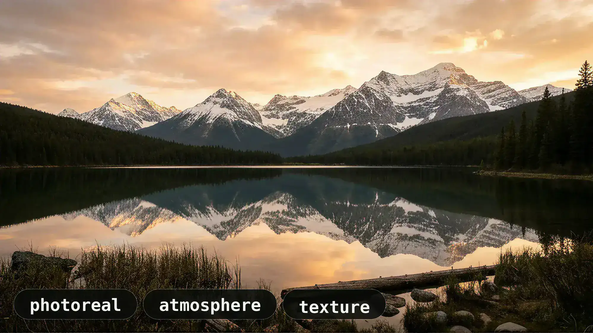 feature stylized photoreal mountain lake