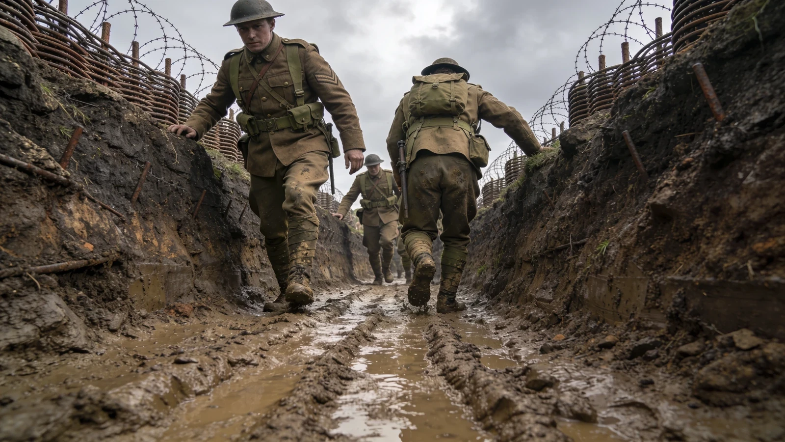 MiniMax H3 synced audio soldiers moving through muddy trench