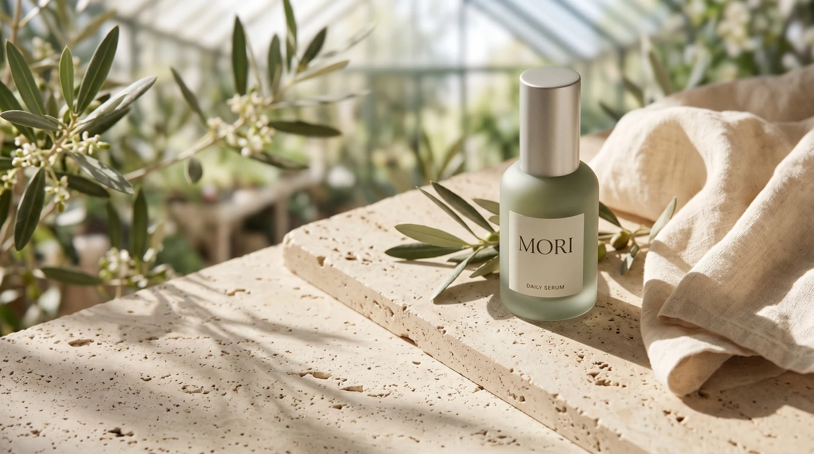 MORI serum bottle in a sunlit botanical campaign setting