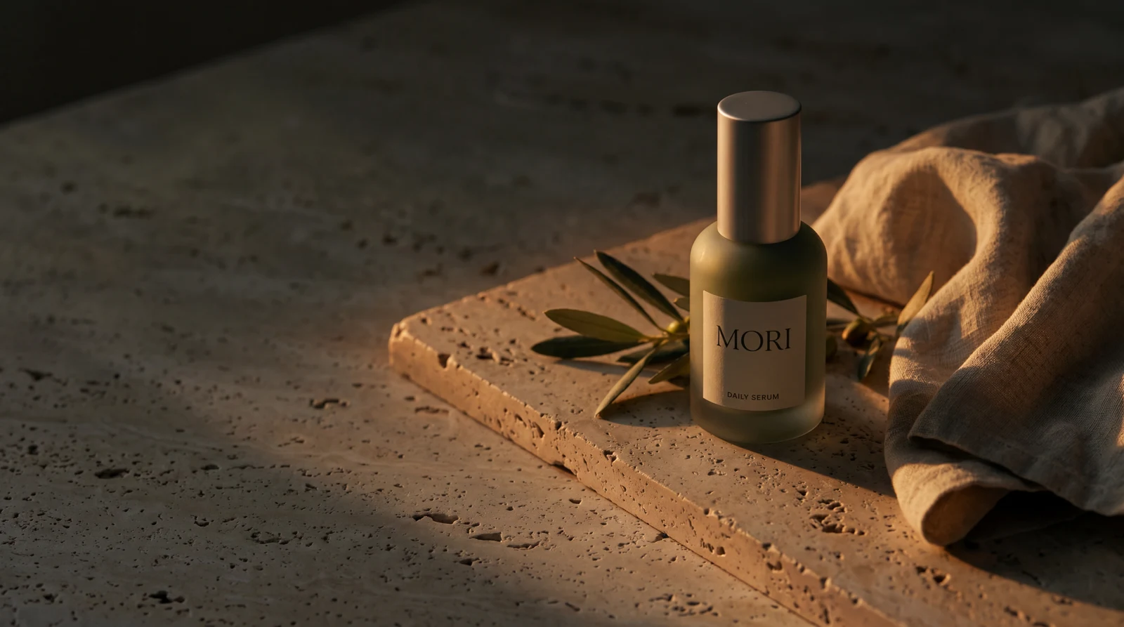 MORI serum bottle relit with amber highlights against a dark background