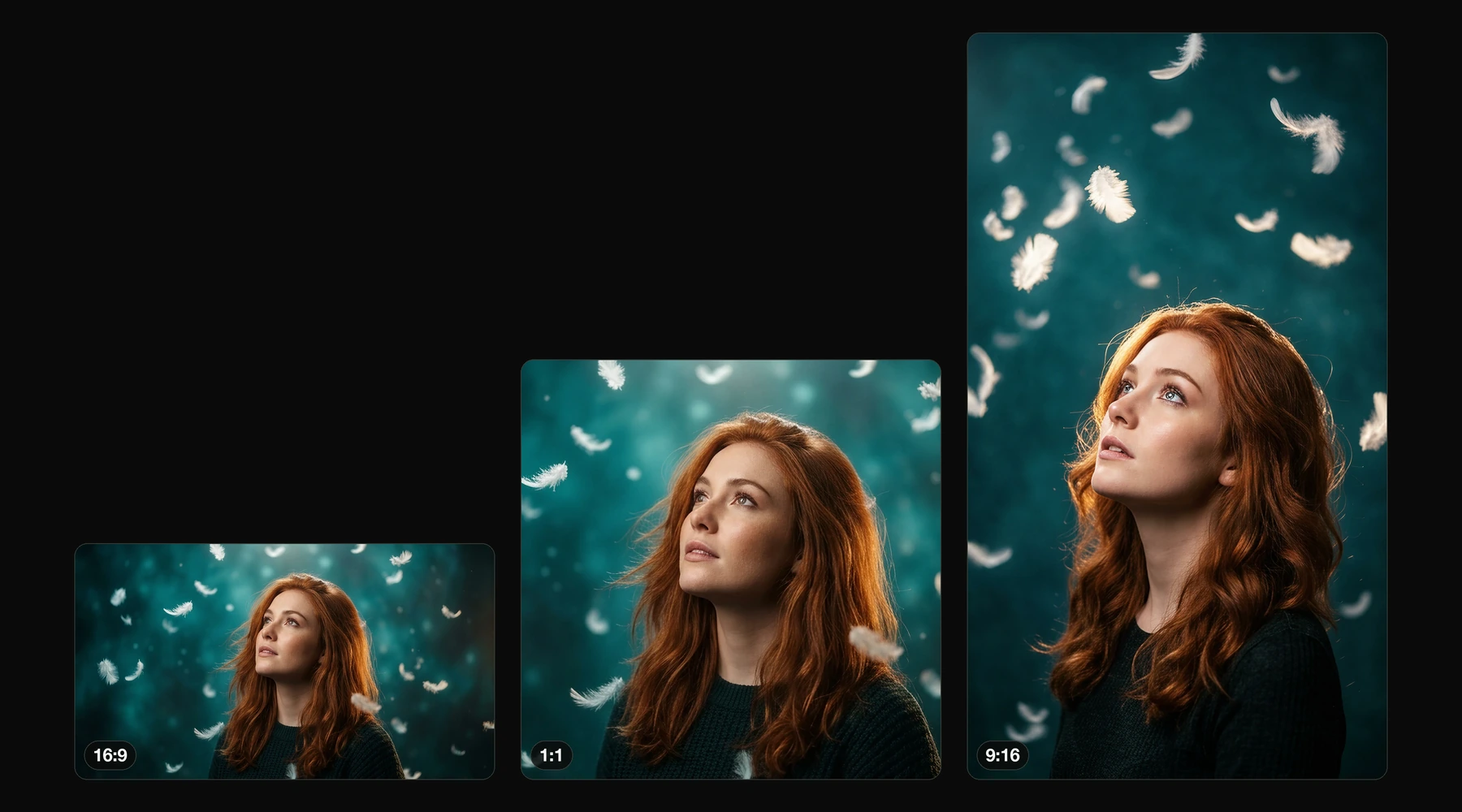 Same feather portrait rendered across square, portrait, and wide crops