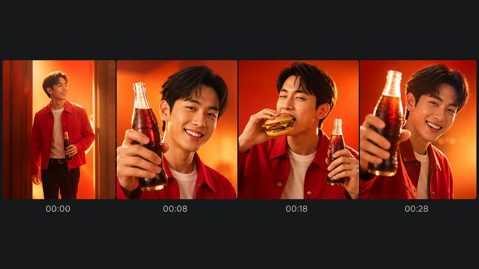 Four frames from a 30-second commercial one-take with timestamps
