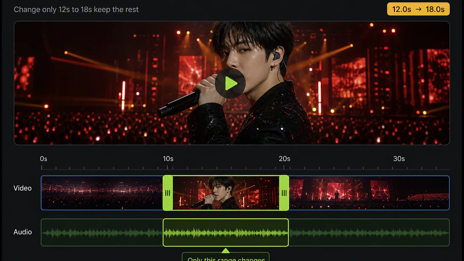 Seedance 2.5 edit-by-time timeline with selected range