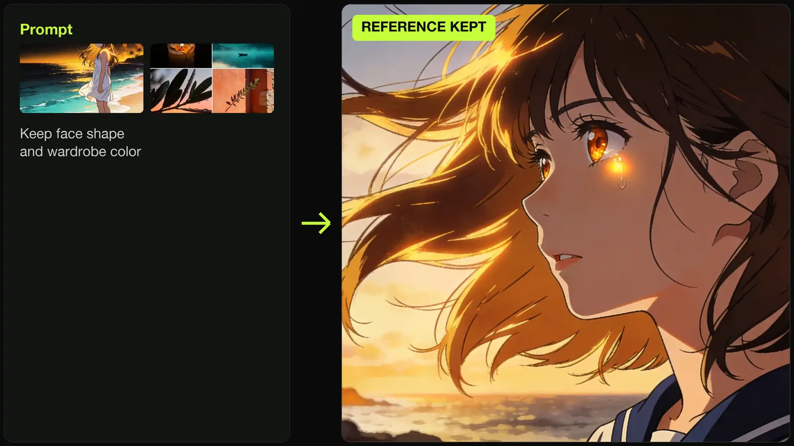 Vidu reference panel: two portrait refs and caption feed into output that keeps face shape and wardrobe color