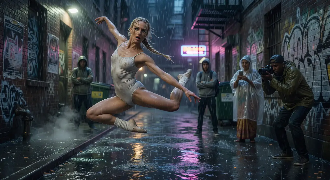 Contemporary dancer leaping in a rainlit alley with smooth tracking motion