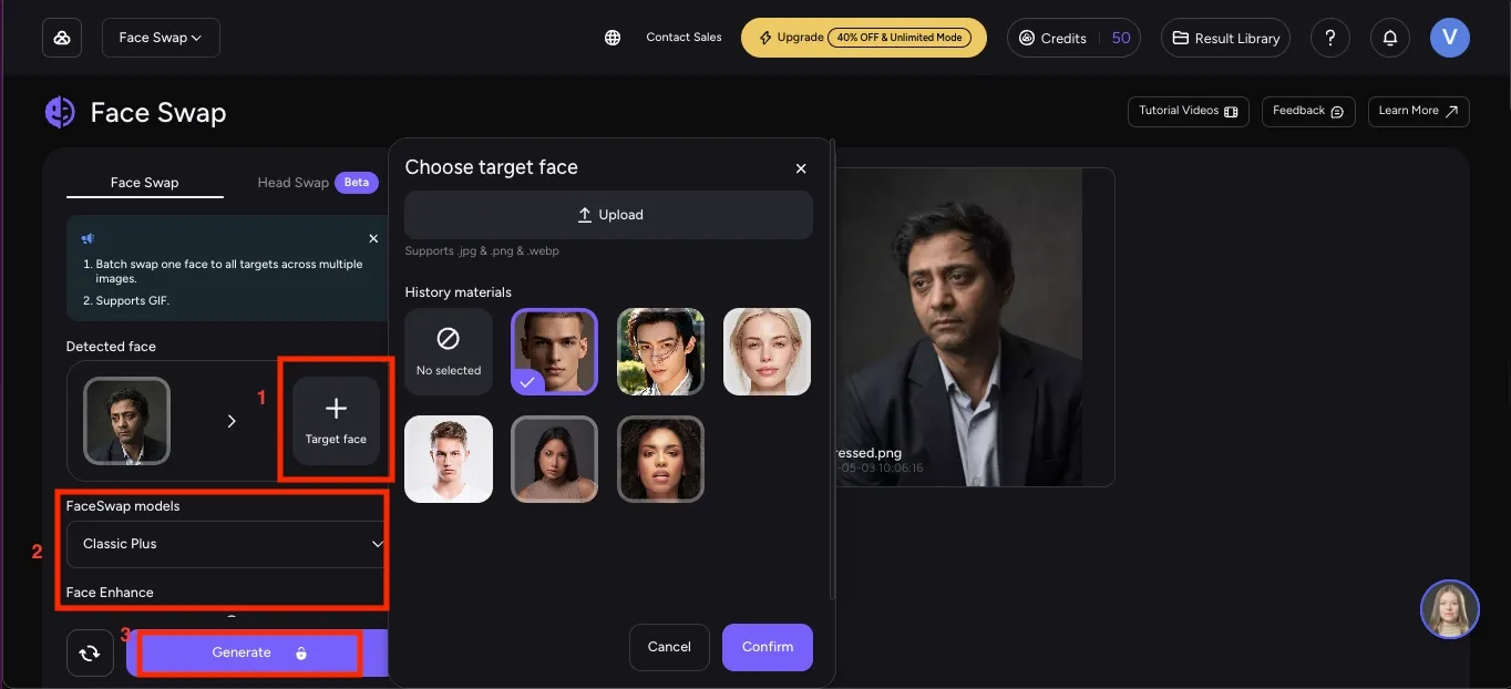 AKOOL upload target photo and click generate