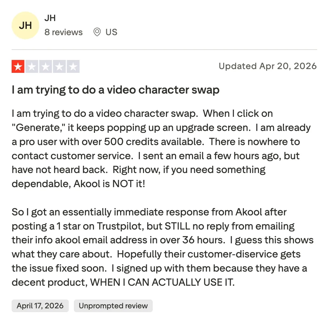 AKOOL review on Trustpilot