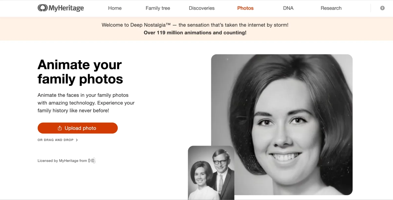 MyHeritage Deep Nostalgia homepage