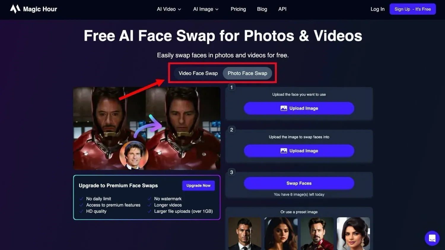 Choose either video face swap or photo face swap