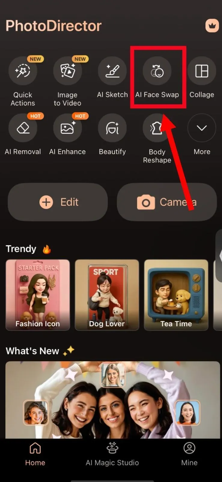 Click on AI Face Swap on PhotoDirector