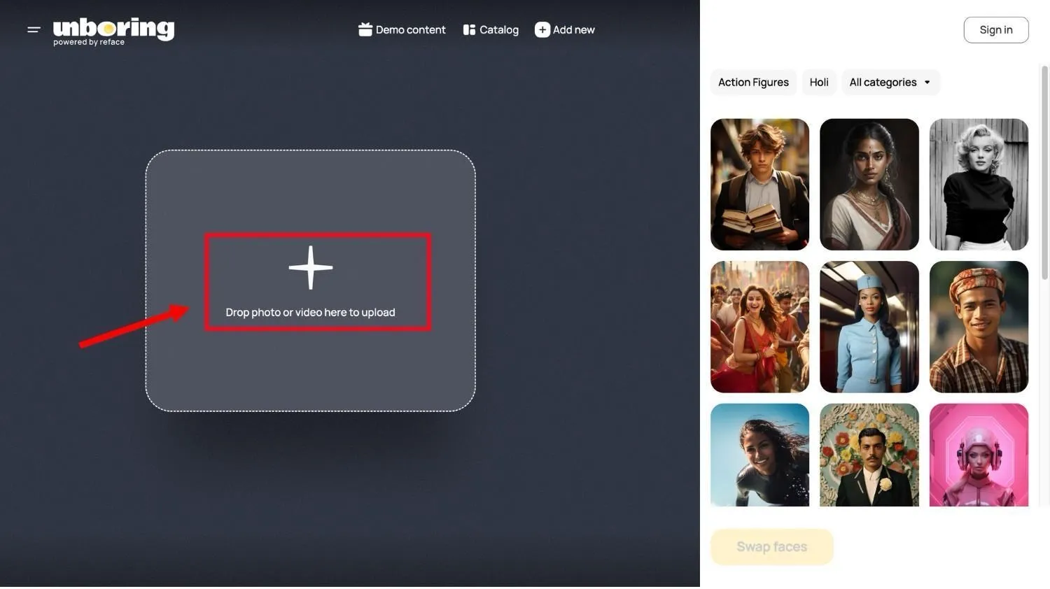 Click on plus icon to upload photo on Reface