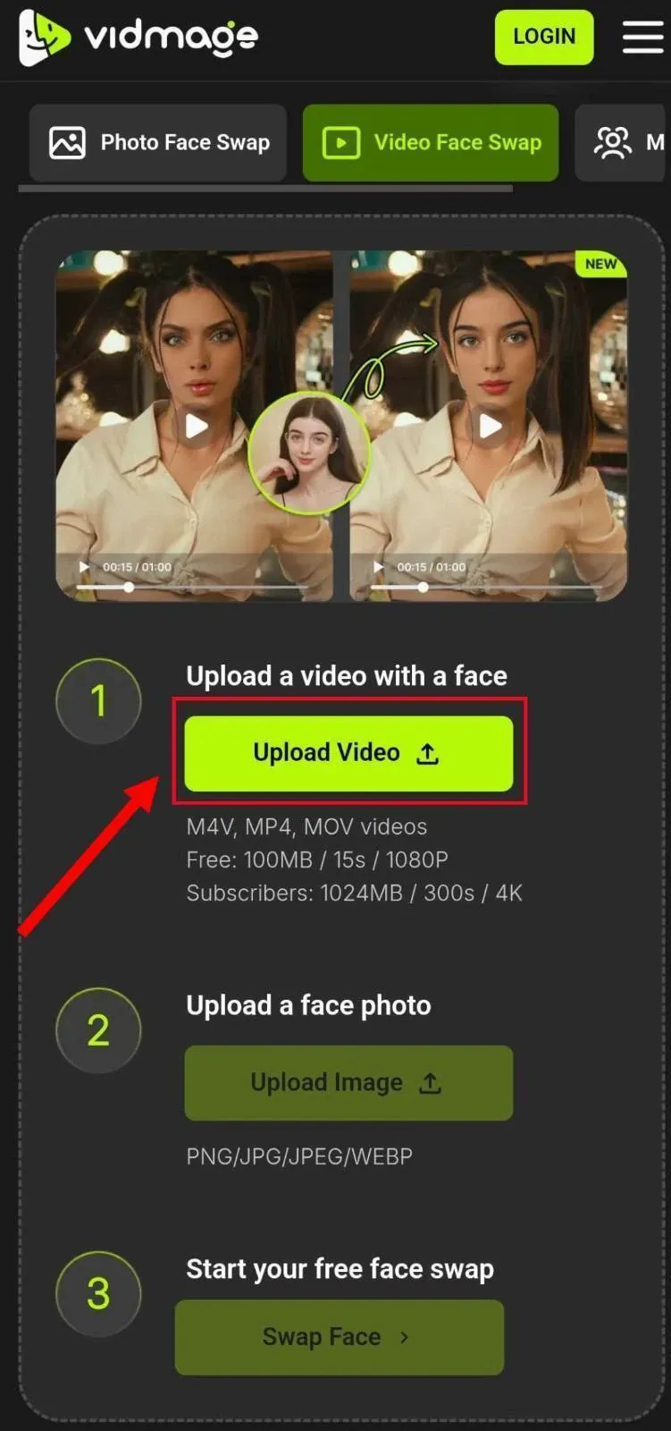 Click on Upload Video on the VidMage website