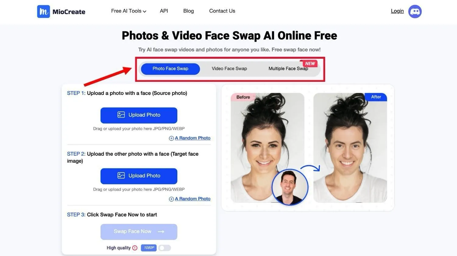 MioCreate face swap dashboard