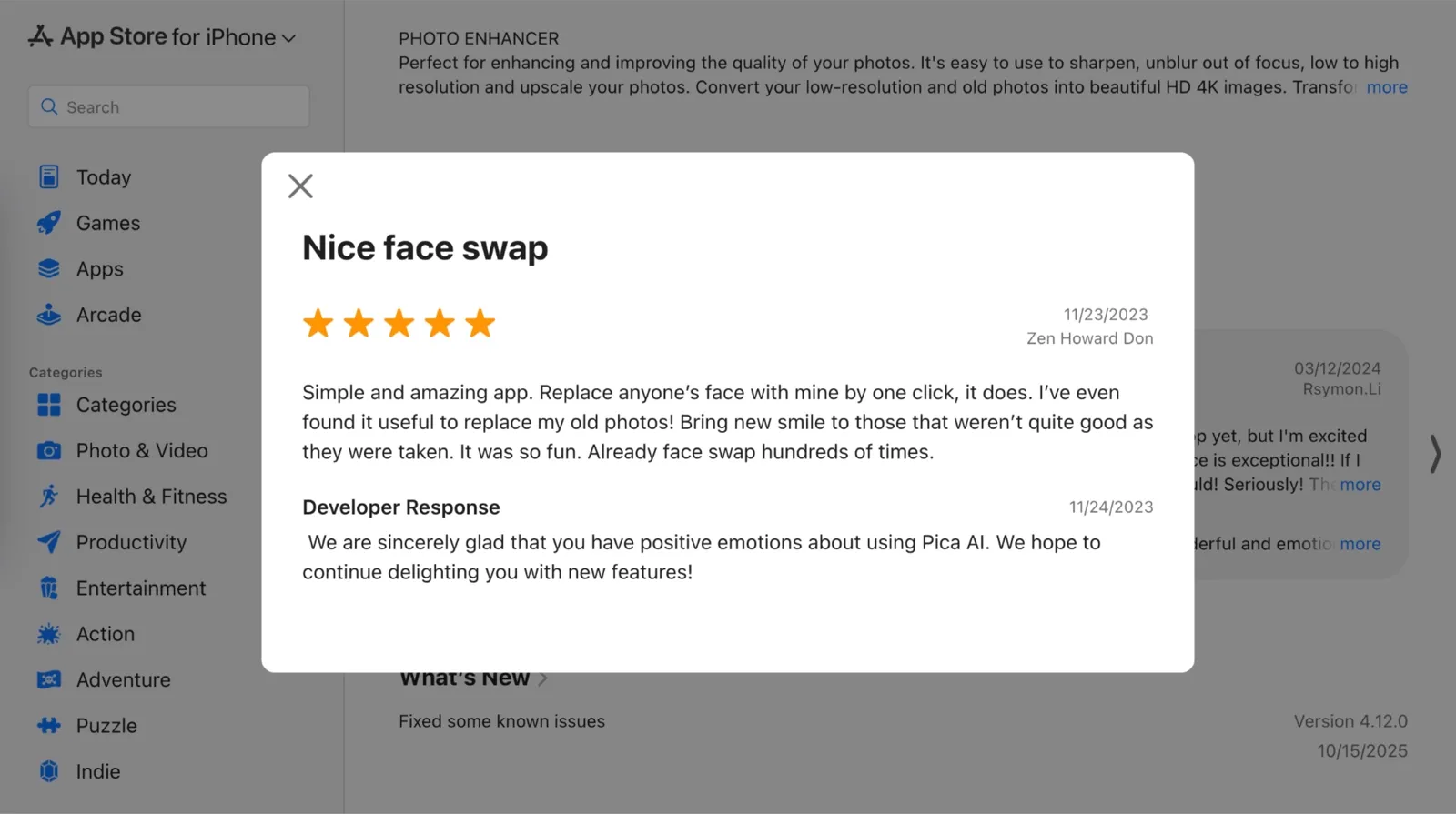 Pica AI Face Swap positive review on Trustpilot