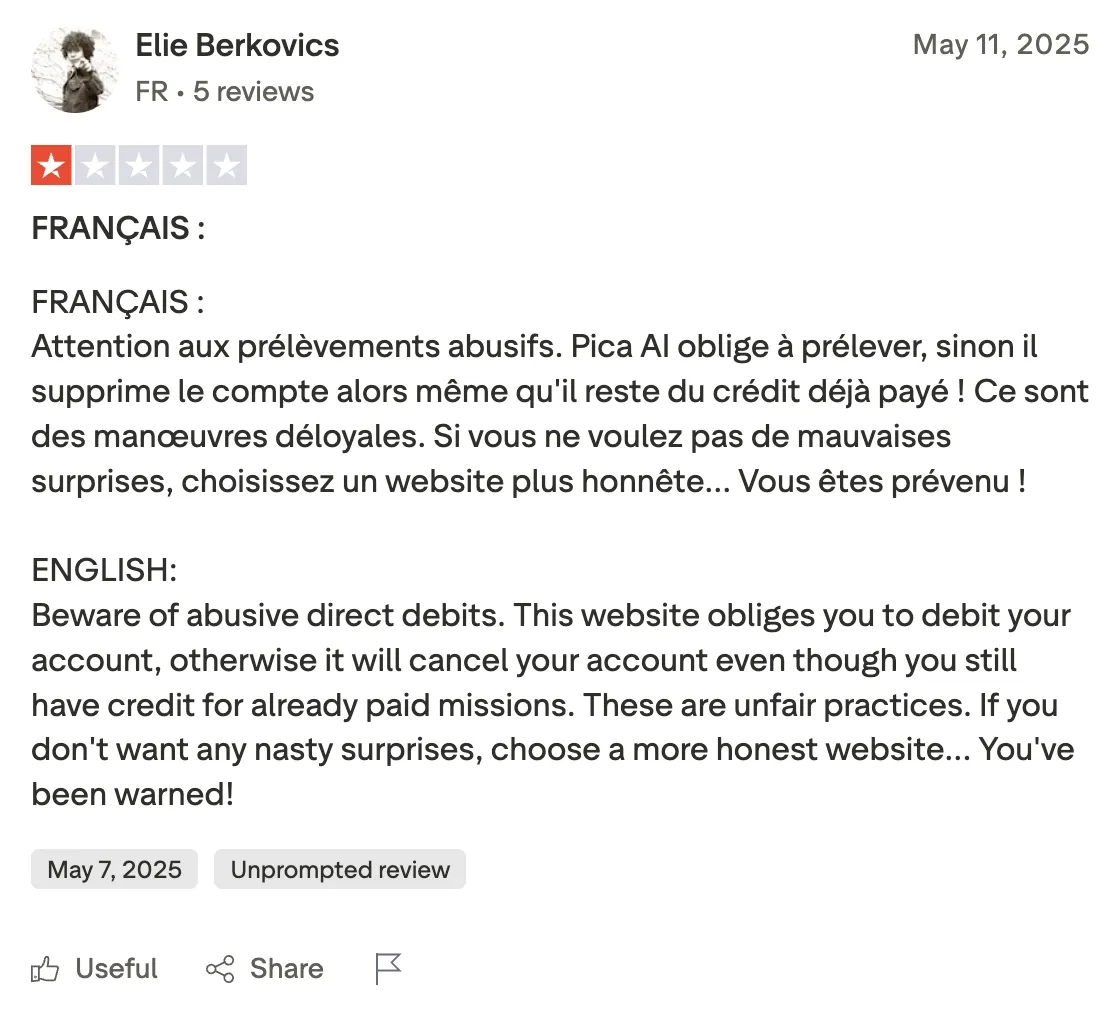 Pica AI Face Swap billing issue review on Trustpilot