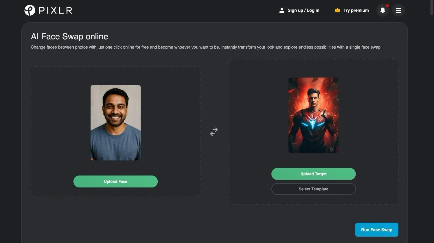 Pixlr AI photo swap feature