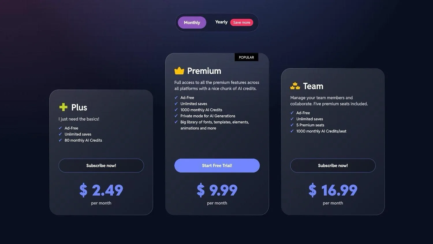 Pricing and plans of Pixlr