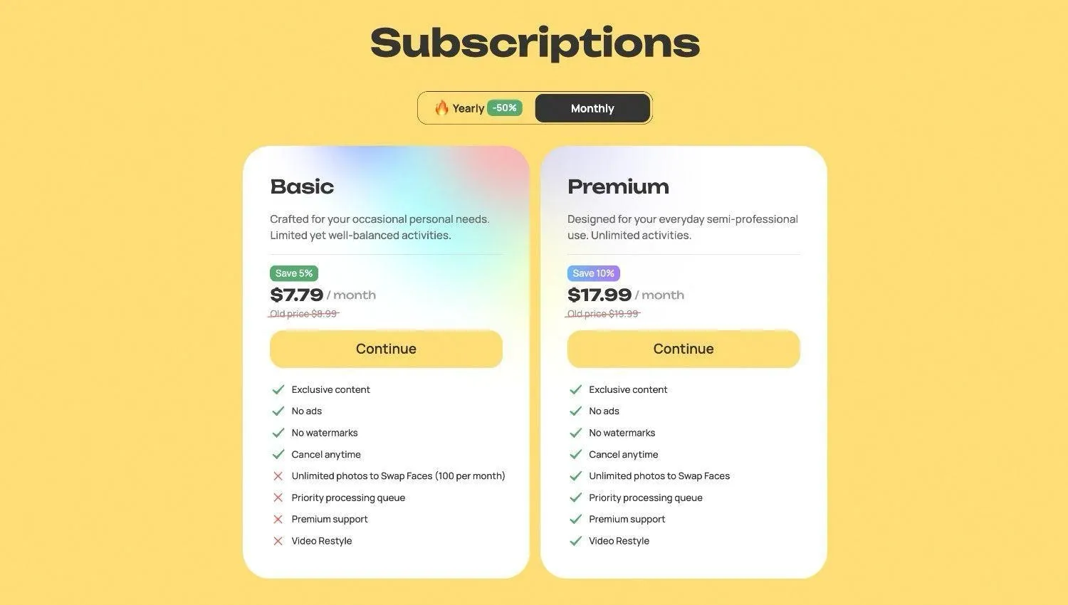 Pricing and plans of Reface AI