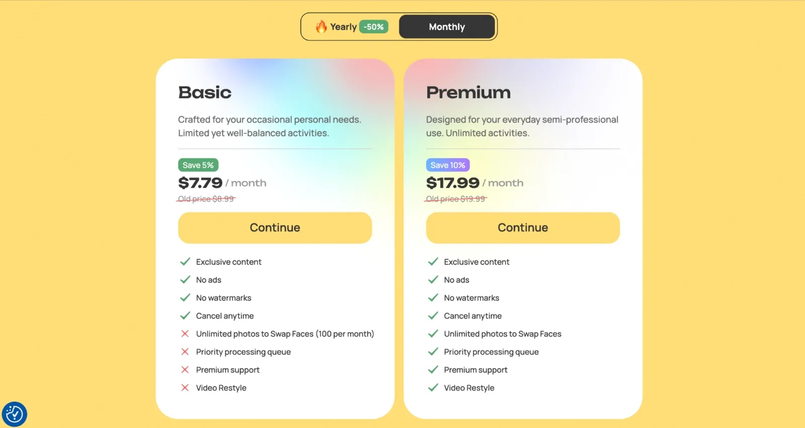 Reface AI website pricing