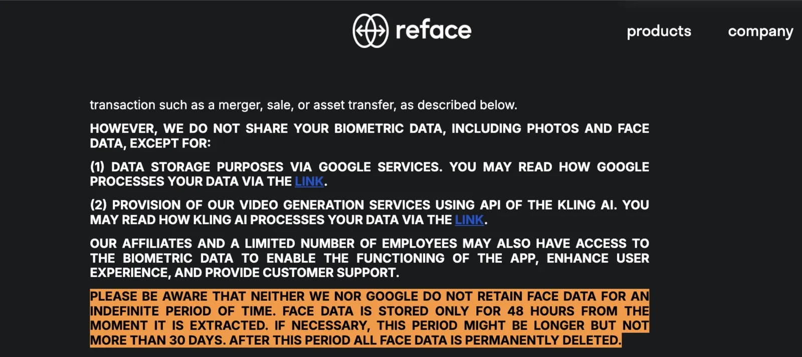 Reface AI 30 days privacy policy