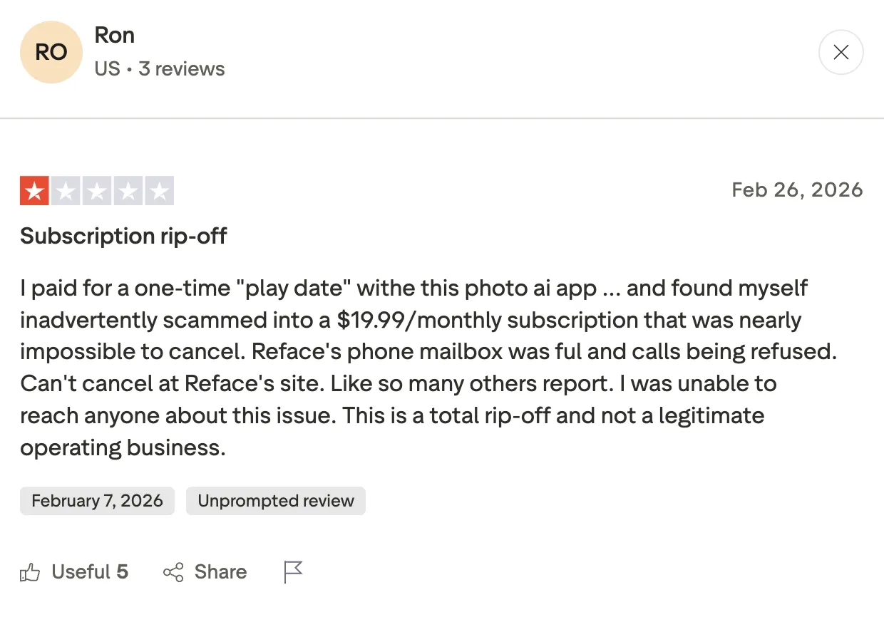 Reface AI Trustpilot review