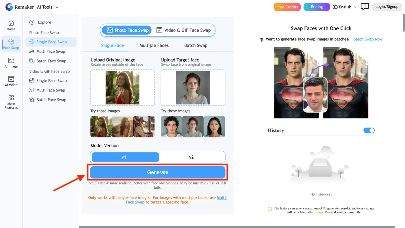 Step 4: Download your result. Photo swaps on free credits are watermark-free.