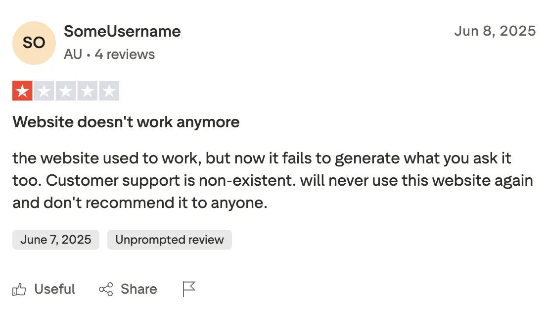 Remaker AI Face Swap Trustpilot negative support review