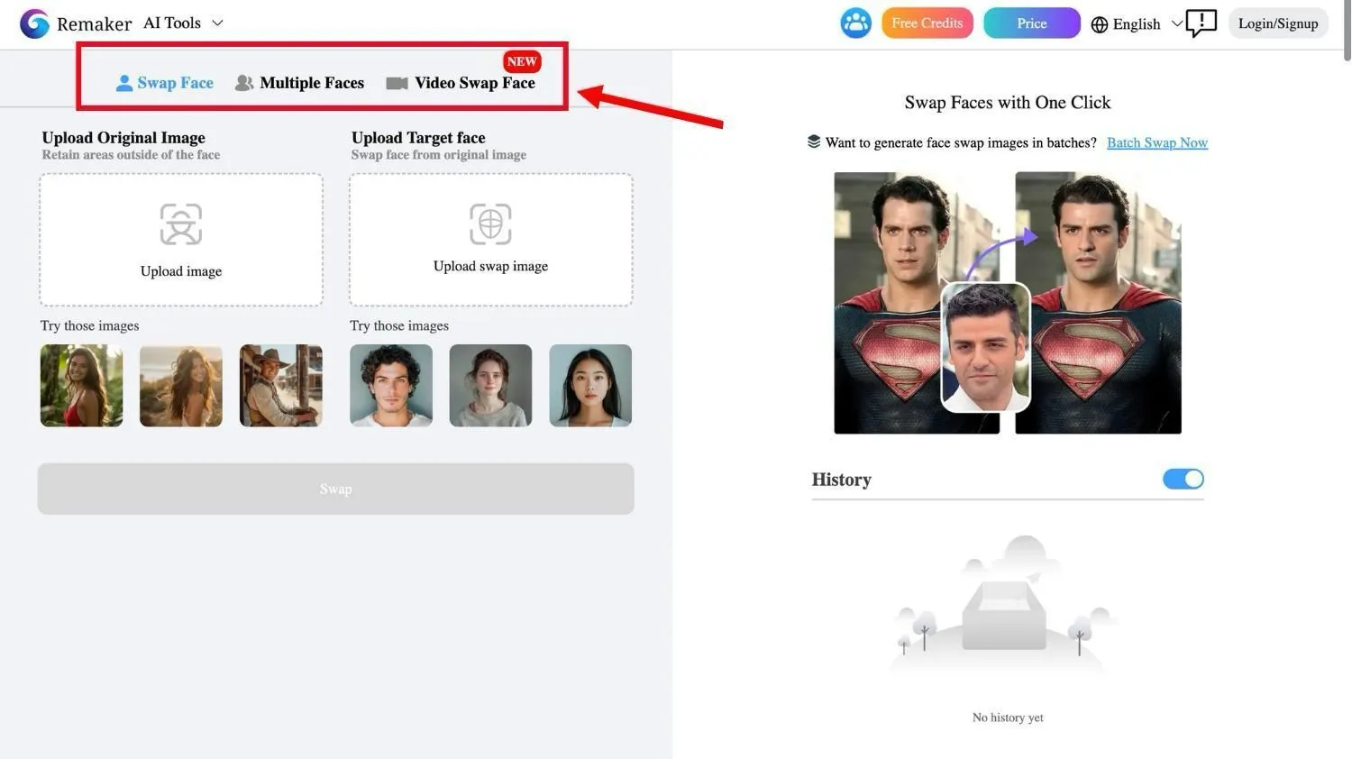 Remaker AI face swap dashboard