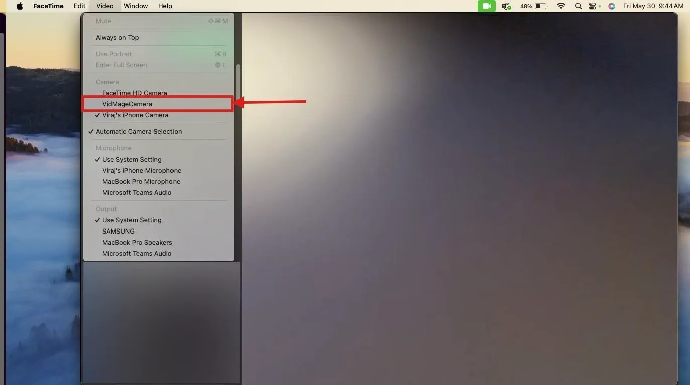 Select VidMage camera as the default on FaceTime
