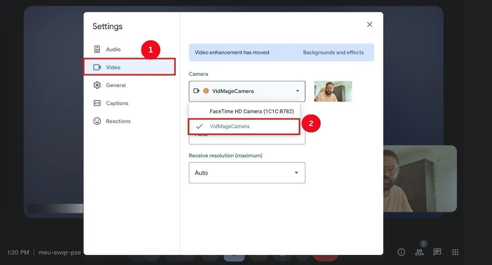 Select VidMage camera as the default on Google Meet