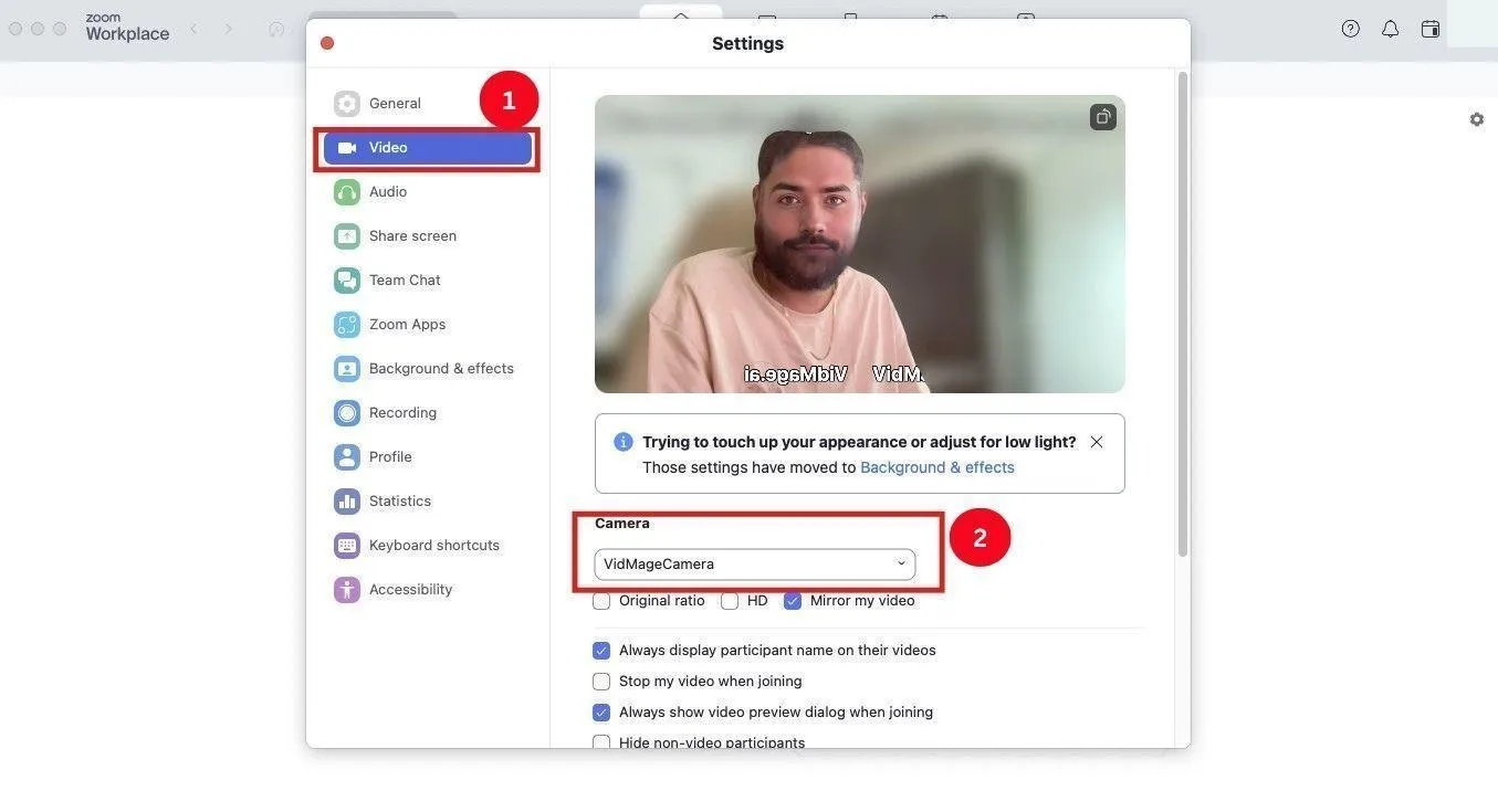 Select VidMage camera as the default on Zoom