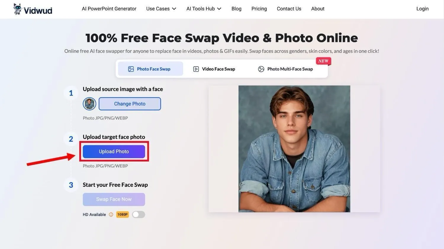 Upload target face to Vidwud
