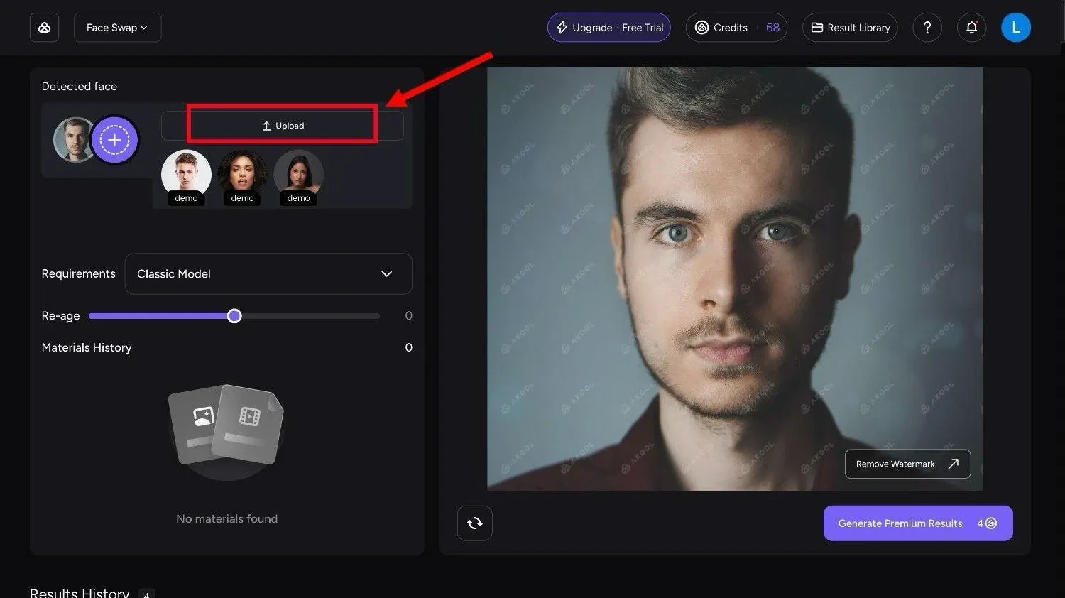 Upload your face on AKOOL