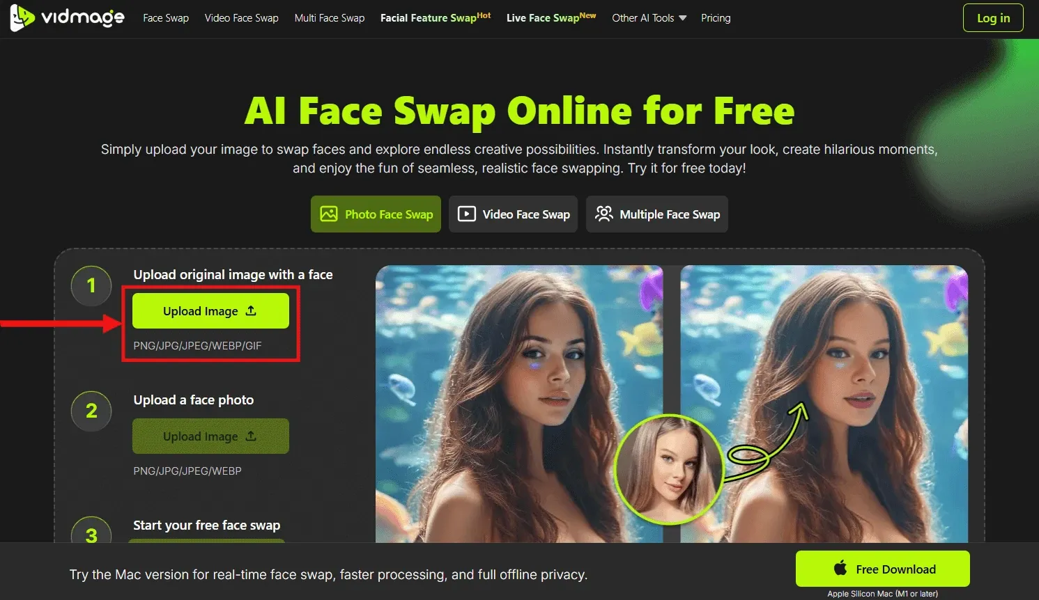 VidMage AI to upload base image for face swap