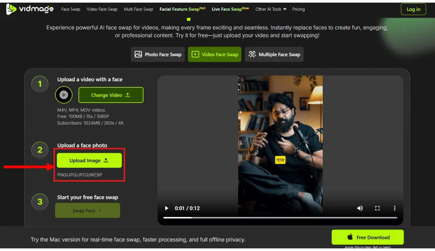 VidMage AI to upload the image to face swap