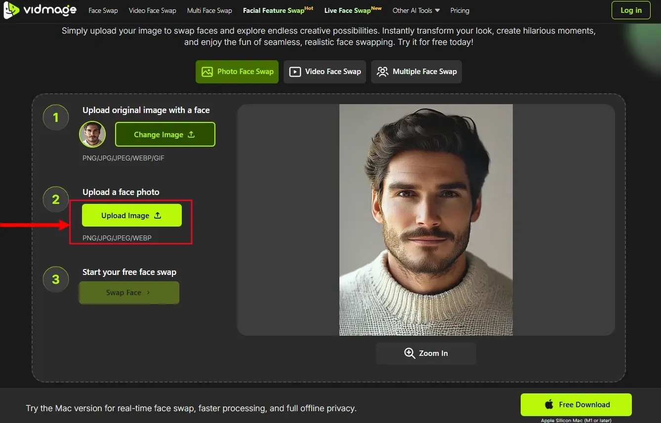 VidMage AI to upload the target image for face swap