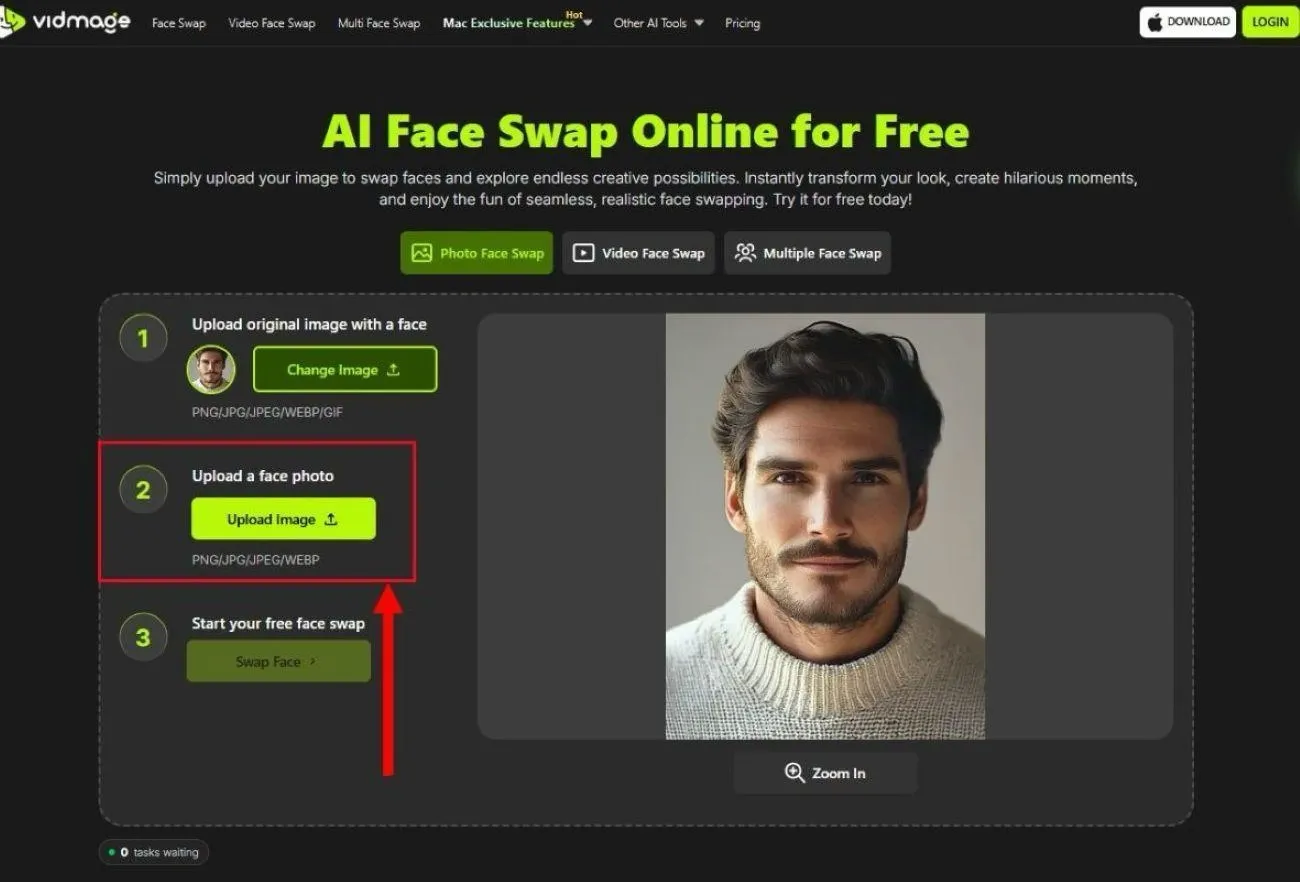 VidMage to upload the target image for face swap