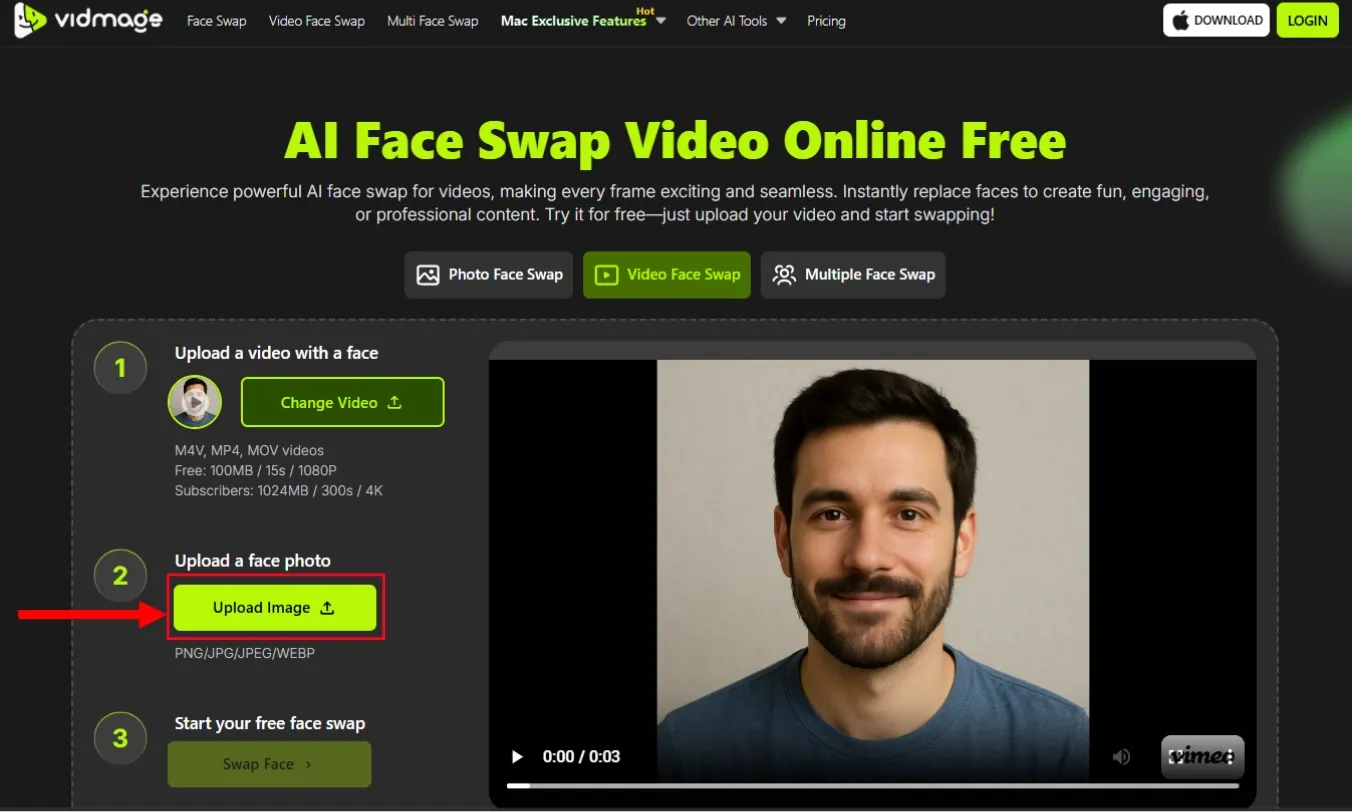 VidMage to upload the target image for face swap